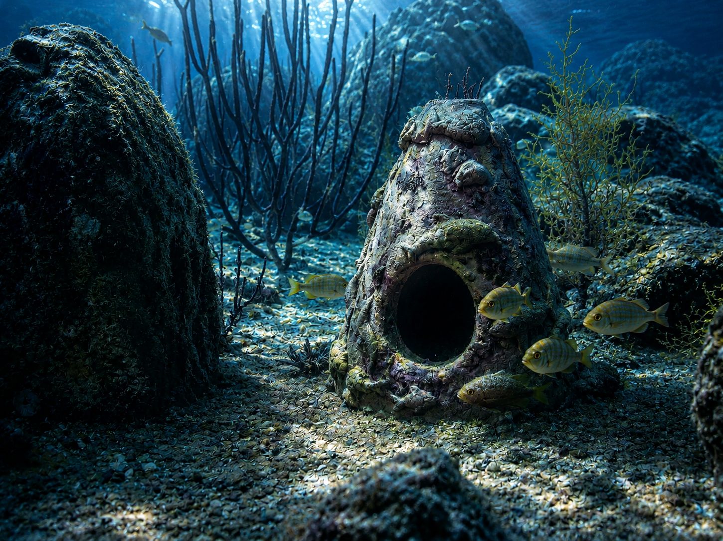 A ceramic reef structure on the seabed, becoming home to marine life