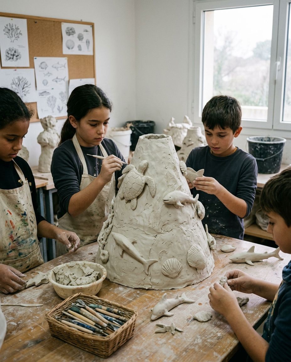 Children sculpting ceramic reefs in class