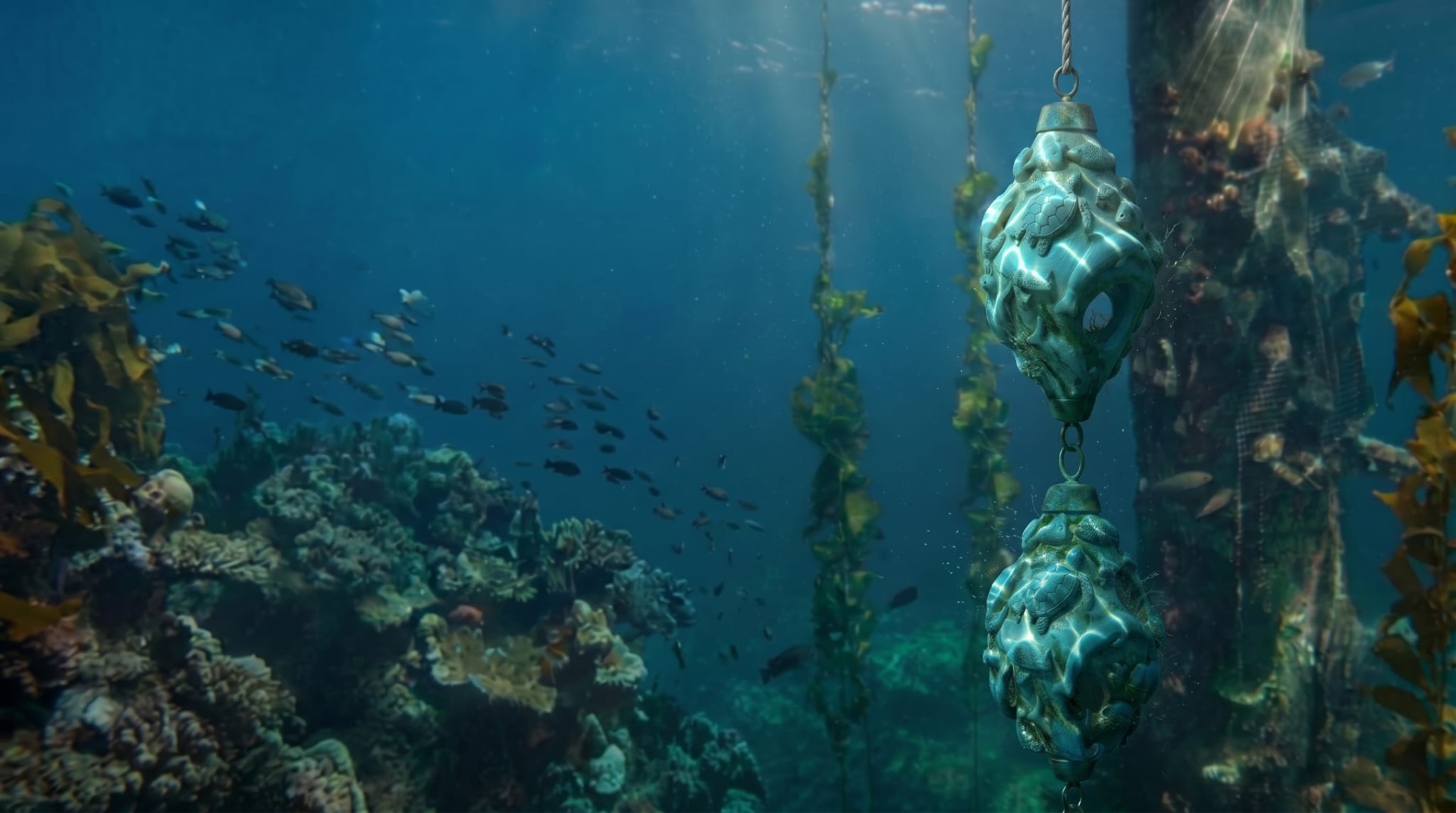MyReefs ceramic reef pods suspended beneath a port, surrounded by kelp and fish